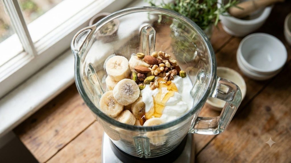 Frozen banana slices Greek yogurt mixed nuts and honey arranged in a high-speed blender before blending