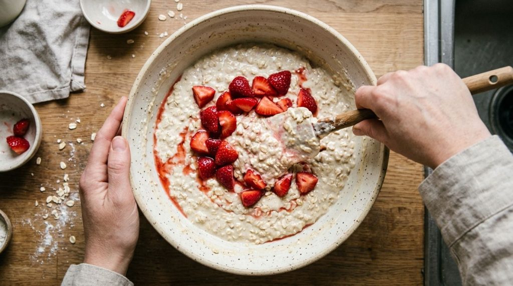 Blended oat batter with chopped strawberries being gently folded in a mixing bowl