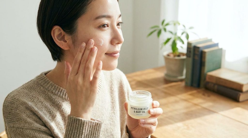 A person gently massaging a small amount of the Vaseline and baby oil mixture onto their clean face focusing on even dis