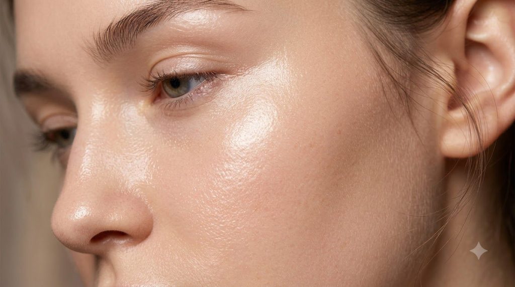A close-up of a person s cheek with visibly glowing smooth and hydrated glass skin reflecting soft light The skin looks 