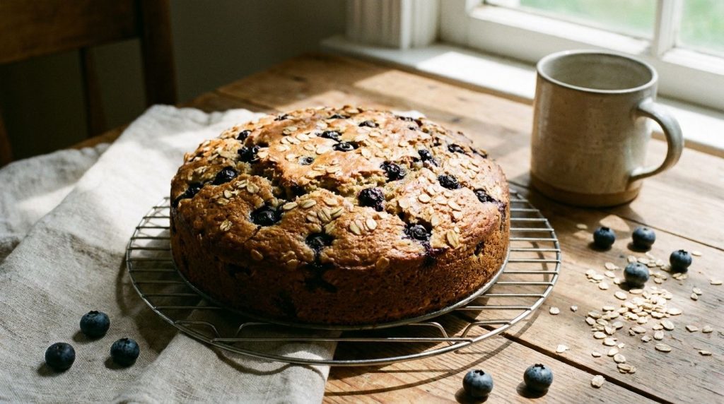 A whole blueberry banana oat cake cooling on a wire rack with some slices already cut