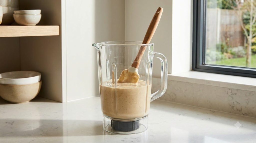 A blender pitcher filled with smooth creamy light brown banana mixture