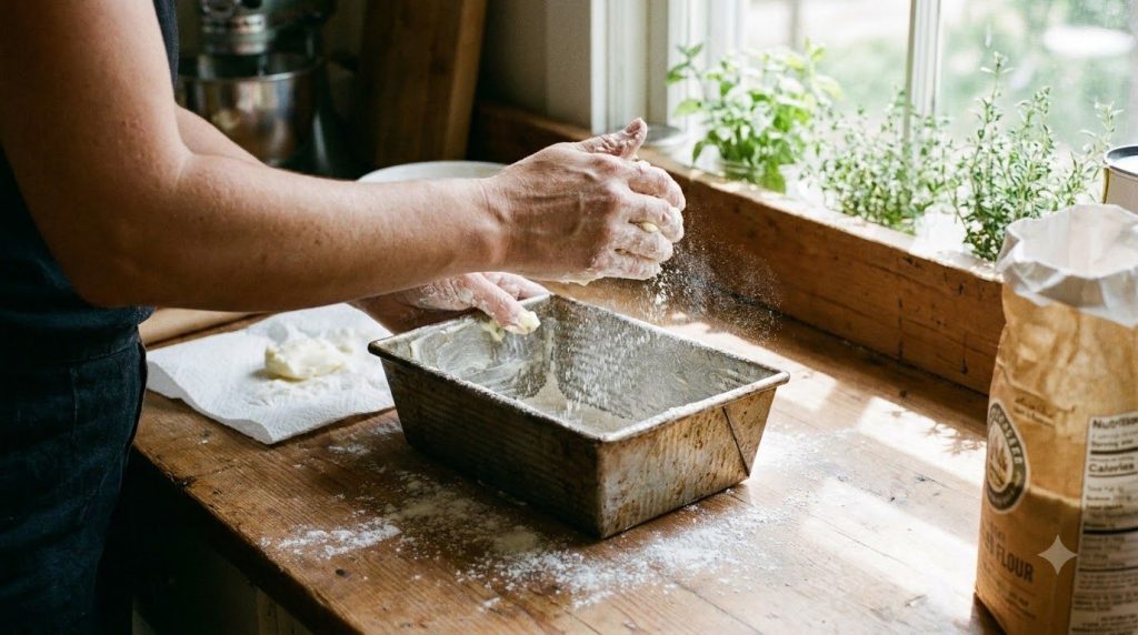 Greasing and flouring a loaf pan with a light dusting of flour visible