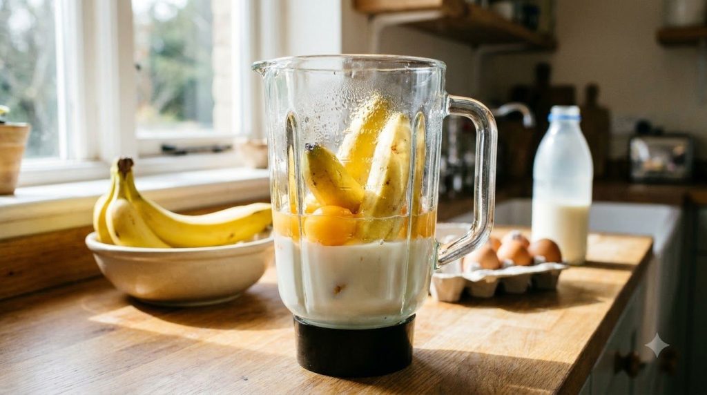 Blender with ripe bananas eggs and milk ready to be blended into a smooth batter