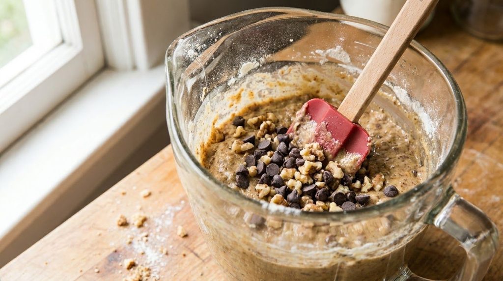 Thick banana bread batter in a blender pitcher with chocolate chips and walnuts being gently folded in with a spatula