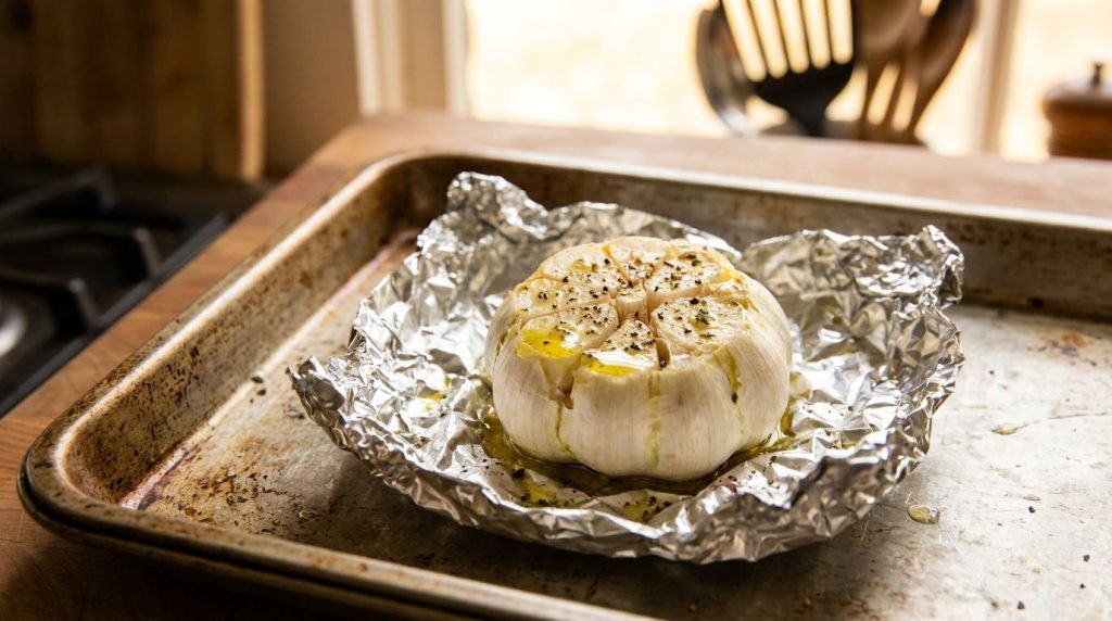 A head of garlic with the top sliced off drizzled with olive oil and seasoned wrapped in foil ready for roasting