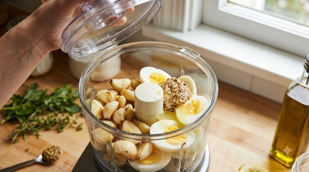 Roasted garlic hard-boiled eggs lemon juice and Dijon mustard in a food processor bowl ready to be blended