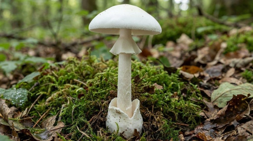 A detailed shot of a Destroying Angel Amanita virosa mushroom pure white with a delicate ring and a bulbous base growing