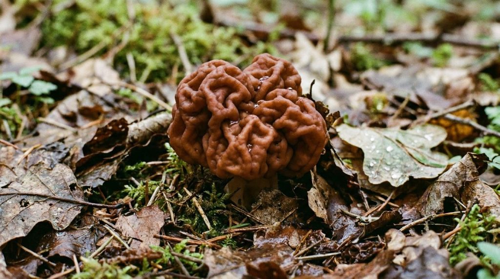 A close-up of a False Morel mushroom with a brain-like wrinkled cap and a reddish-brown color growing in a forest settin