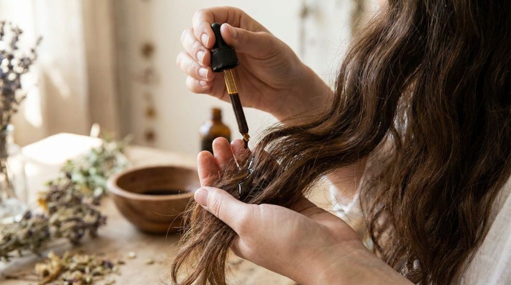 A close-up of a dark liquid rich in natural ingredients like rosemary and onion peels being gently poured from a spoon o