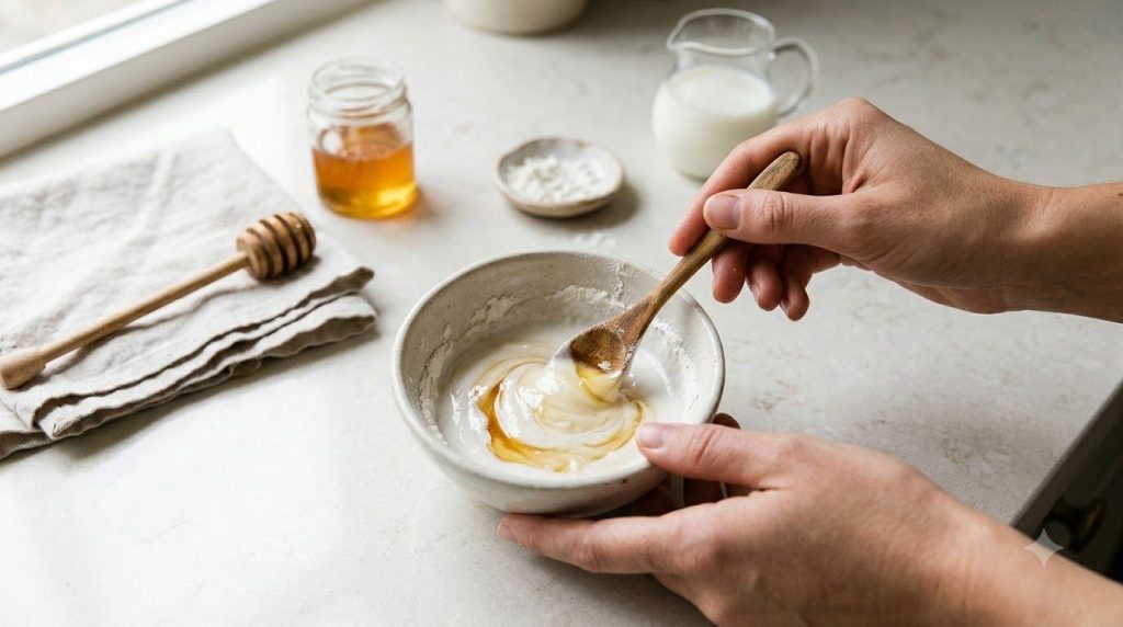 Hands mixing rice flour milk and honey in a small bowl to create a smooth creamy face mask paste