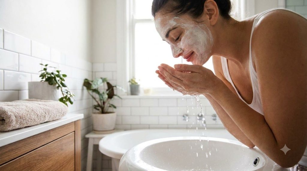 A woman gently rinsing off a white face mask from her face with lukewarm water over a sink showing clear healthy skin un