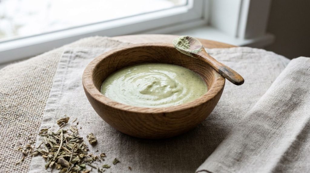 A close-up shot of a small wooden bowl containing the mixed green tea rice flour honey and milk mask with a small mixing