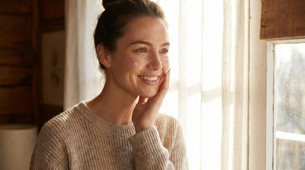 A woman with glowing clear skin gently touching her cheek looking refreshed and happy after using a face mask