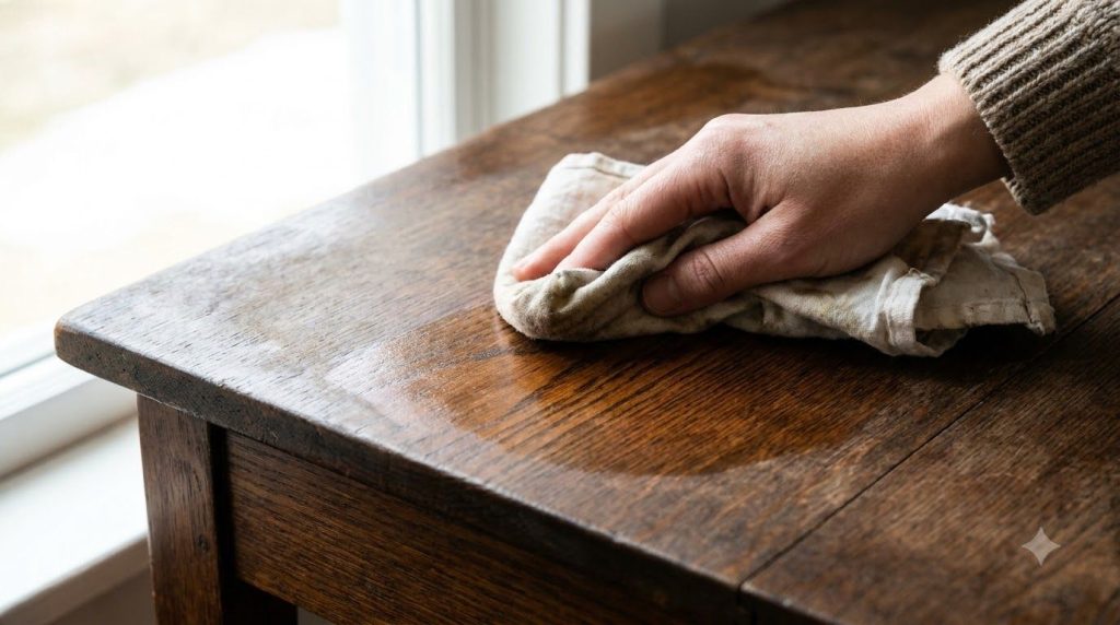 A hand polishing a wooden table with a soft cloth showing a shiny restored surface