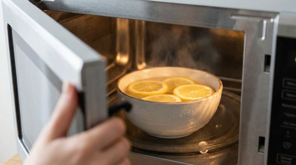A bowl with lemon slices and water steaming inside a microwave oven
