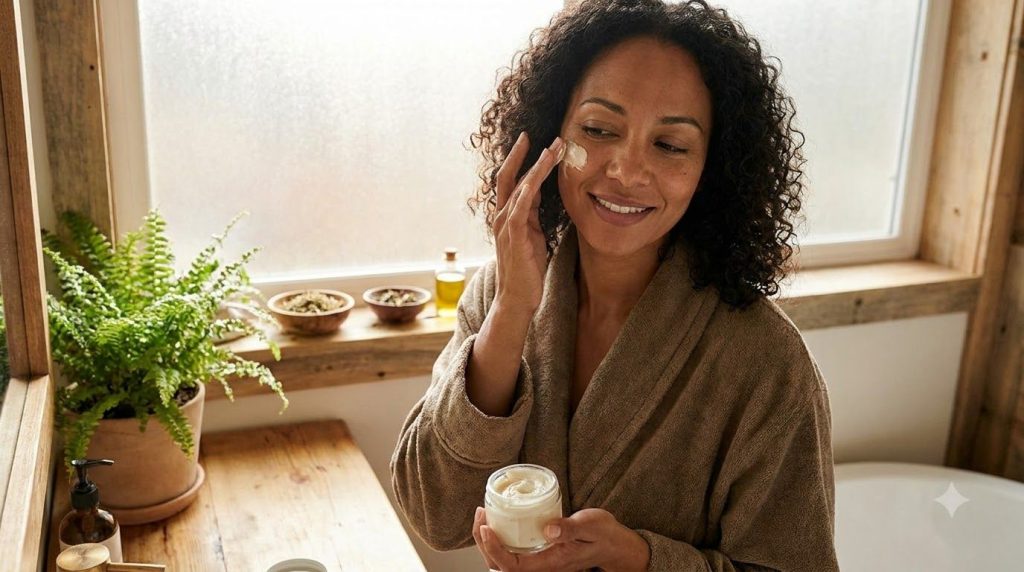 A woman gently massaging the Vaseline and baby oil blend onto her face during her nighttime skincare routine
