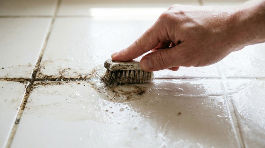 A hand scrubbing tile grout with a brush showing a clean white section next to a dirty one