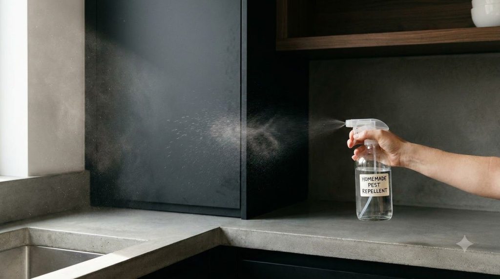 A hand spraying the homemade pest repellent solution in a dark corner of a kitchen illustrating application