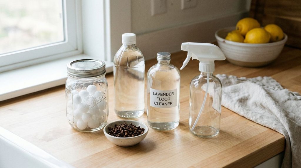 All ingredients for the pest repellent mothballs whole cloves white vinegar floor cleaner and an empty spray bottle neat
