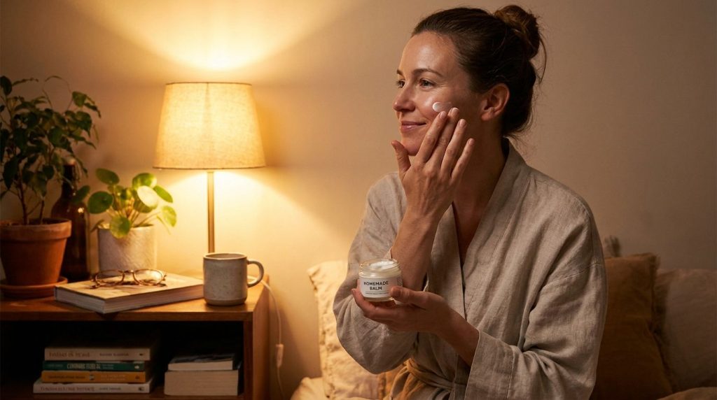 A woman gently applying a homemade cream to her face at night in a soft diffused light