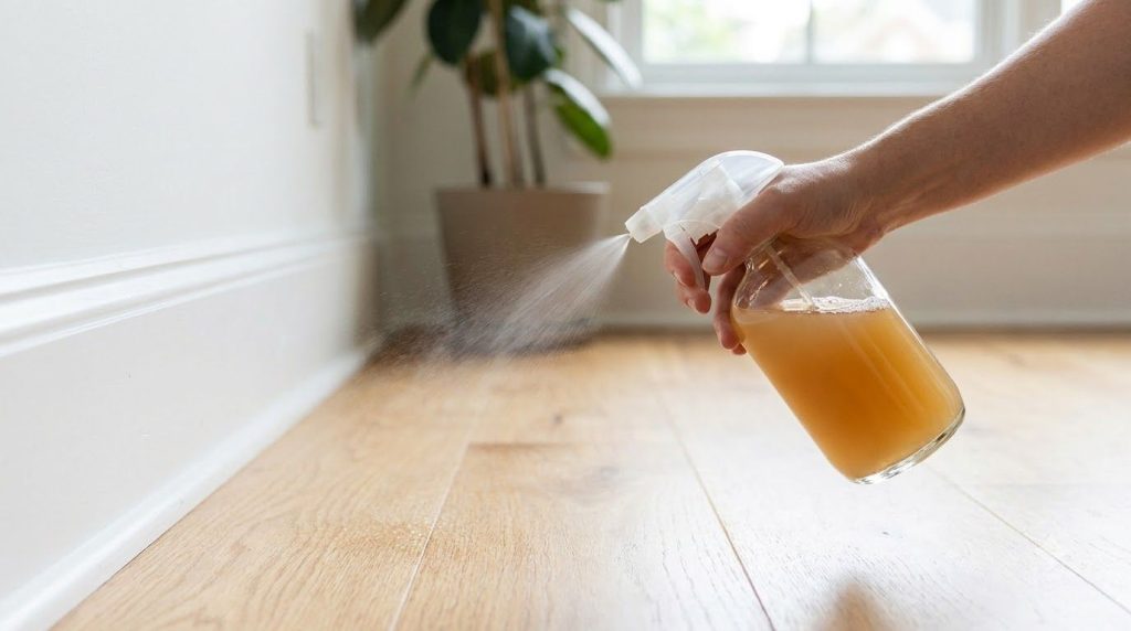 A person spraying the homemade pest repellent solution from a clear spray bottle onto a floor or wall near a baseboard w