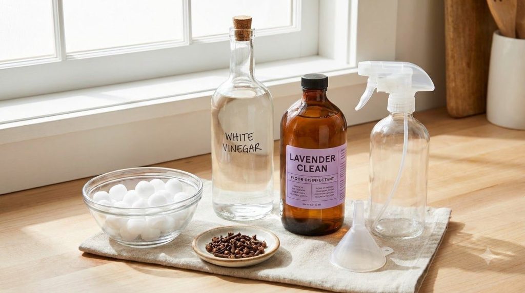 All ingredients for the pest repellent laid out on a clean counter mothballs whole cloves white vinegar a bottle of floo