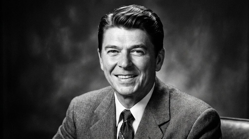 A classic black and white portrait of a young Ronald Reagan smiling confidently