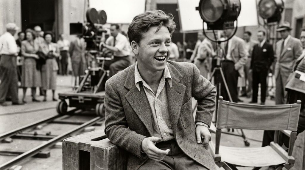 Archival black and white photo of a young Mickey Rooney perhaps from the Andy Hardy film series looking energetic and yo