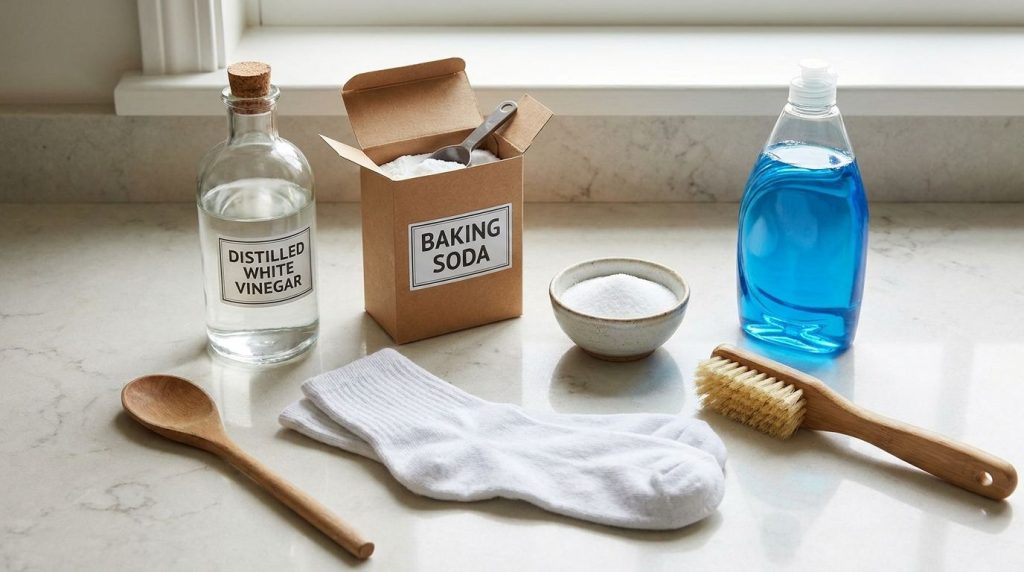 Various ingredients for the sock whitening solution laid out a bottle of white vinegar a box of baking soda a container 