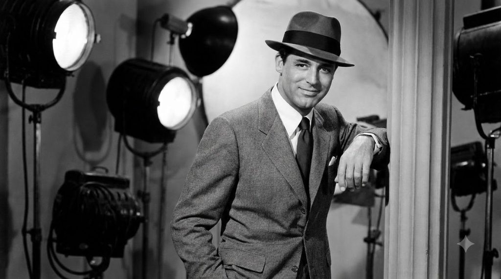 A vintage black-and-white photo of a young Cary Grant during his early Hollywood career looking dapper and confident