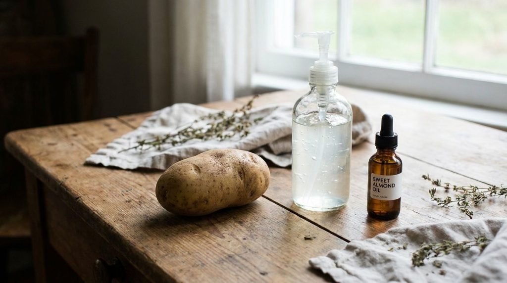 Various ingredients for potato cream laid out a whole potato a bottle of aloe vera gel and a small bottle of almond oil