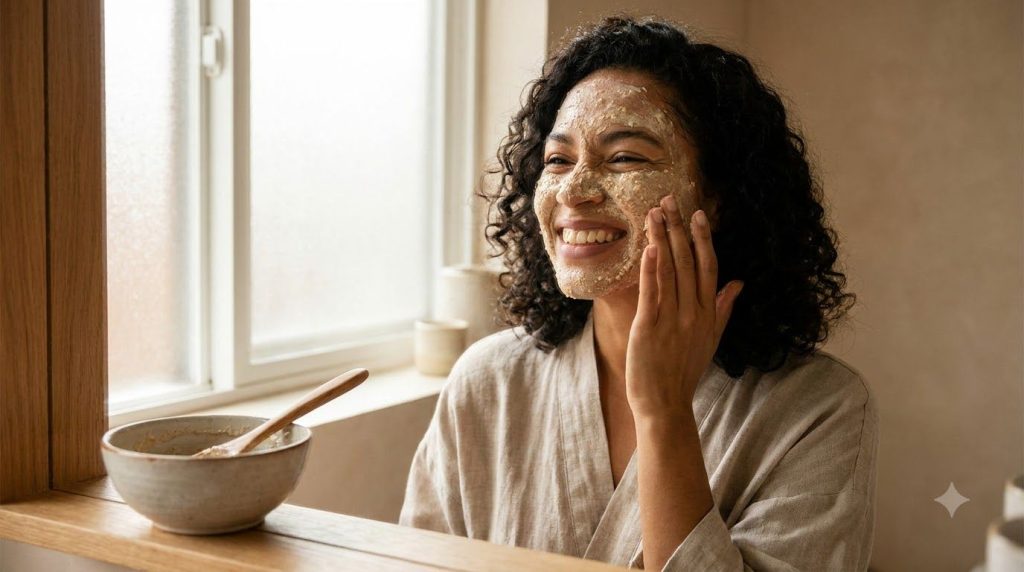 A woman gently massaging a DIY face mask onto her cheek with a glowing happy expression