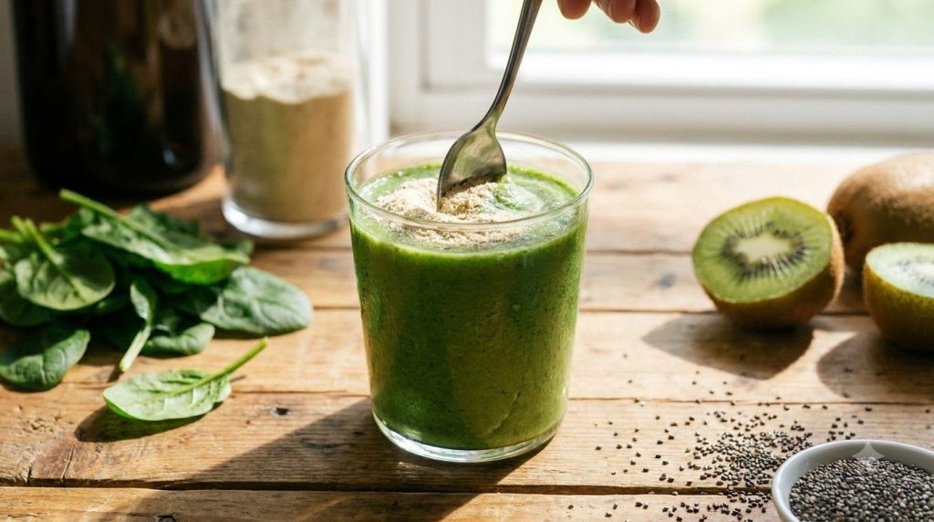 A glass of smoothie with a spoon stirring in the hair growth powder indicating daily ingestion