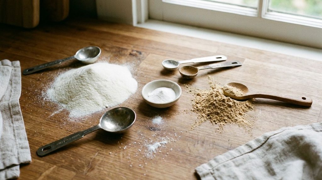 Various powdered ingredients collagen biotin amla laid out before mixing with measuring spoons