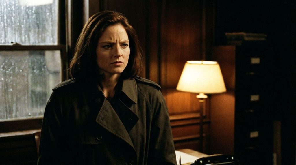 Jodie Foster as Clarice Starling from The Silence of the Lambs looking intense and focused