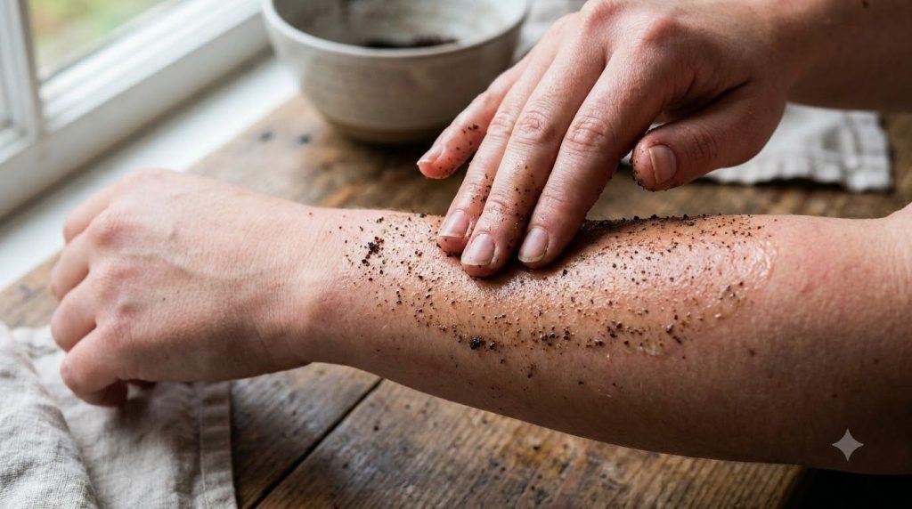A close-up of a hand gently applying the homemade coffee and Vaseline scrub to an arm showing the textured scrub on the