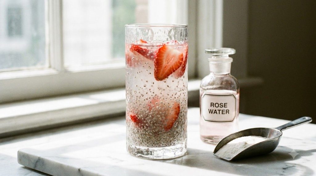 A beautiful glass of Glowing Skin chia water featuring sliced strawberries a hint of rose petals and a scoop of collagen