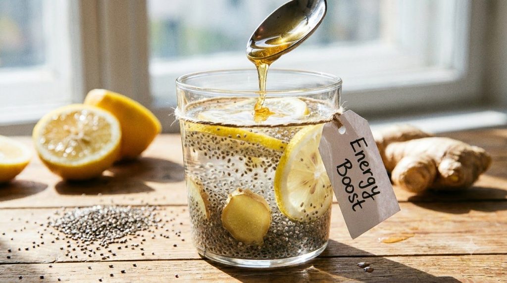 A close-up of a glass of Energy Boost chia water with slices of lemon and ginger and a drizzle of honey suggesting a ref