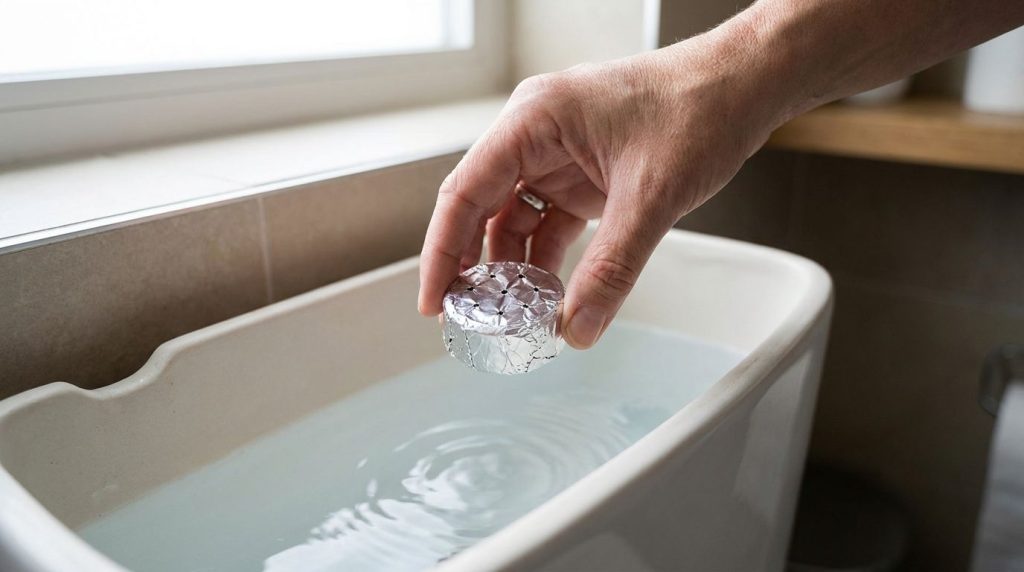 A hand placing a small aluminum-wrapped toilet bomb into the open tank of a toilet with water visible inside