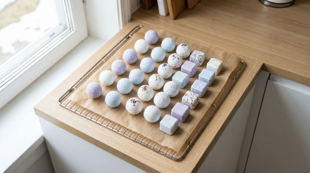 Several small compact homemade toilet bombs some in spherical shapes and others in cube shapes neatly arranged on a dryi
