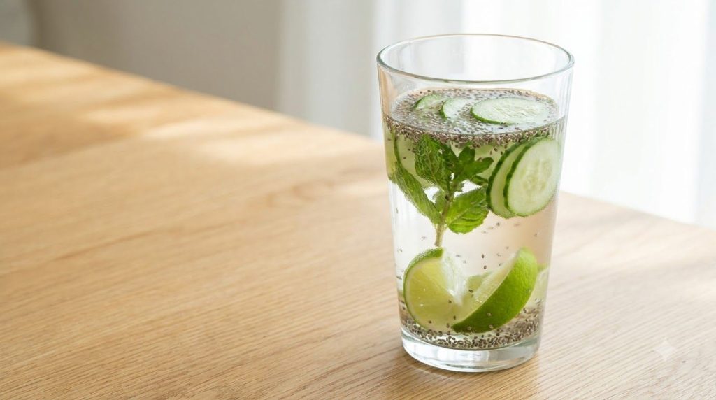 A glass of Detox Digestion chia water garnished with cucumber slices fresh mint leaves and lime wedges emphasizing its r