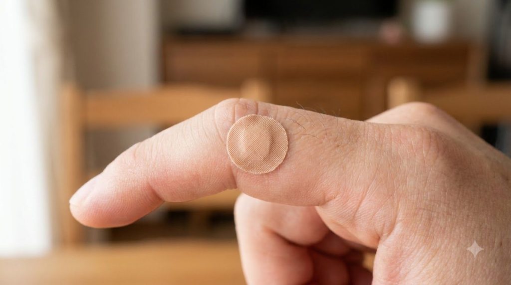 A close-up of a finger with a small bandage covering a wart suggesting topical application of a remedy