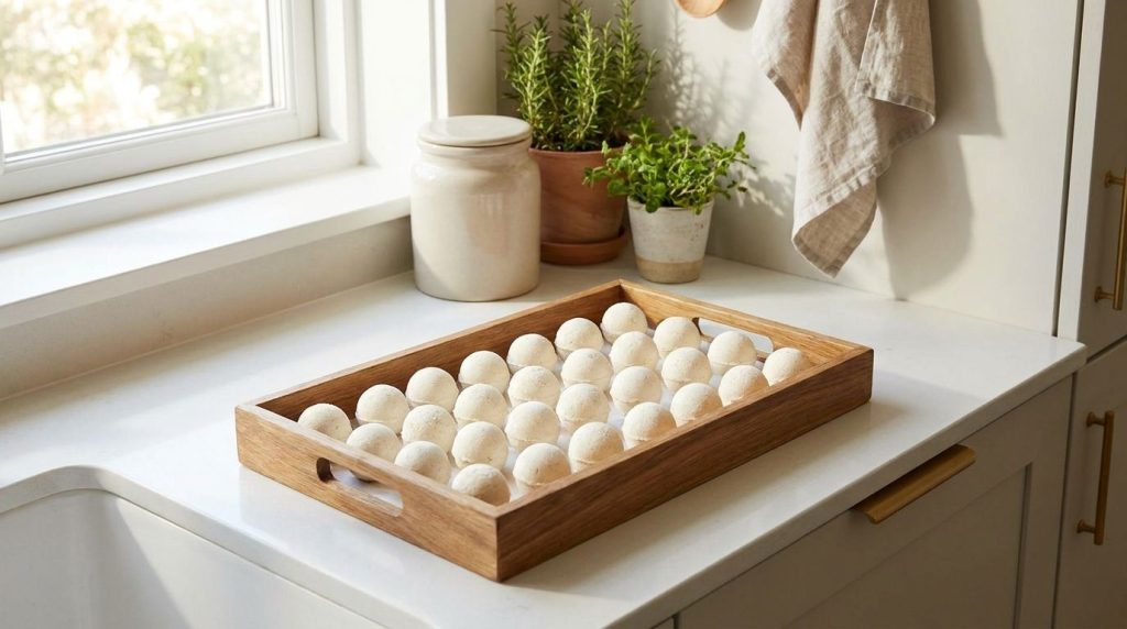 Small compact homemade toilet bombs drying on a tray