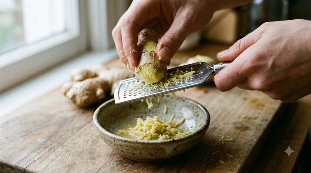 A person grating fresh ginger on a small grater with the collected grated ginger in a small bowl