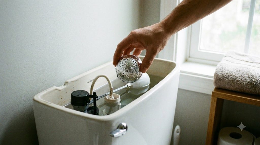 A homemade toilet bomb wrapped in perforated aluminum foil being placed inside a toilet tank
