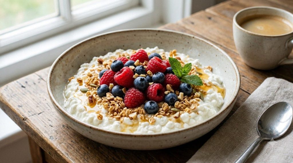 A vibrant bowl of cottage cheese topped with fresh berries and a sprinkle of granola showcasing a healthy and easy break