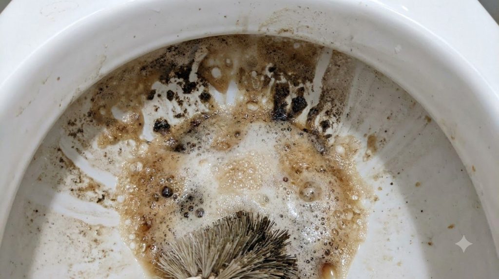 Una mezcla efervescente de Coca-Cola y bicarbonato de sodio cubriendo manchas en la superficie de un inodoro