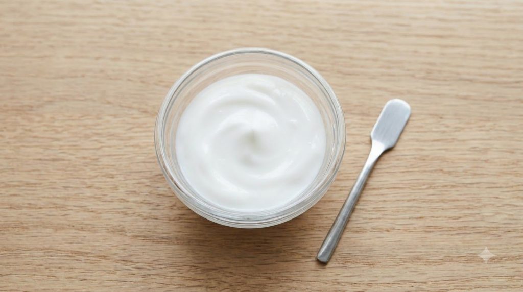 A small glass bowl containing a smooth creamy white mixture of Nivea and Vaseline with a mixing spatula next to it on a 
