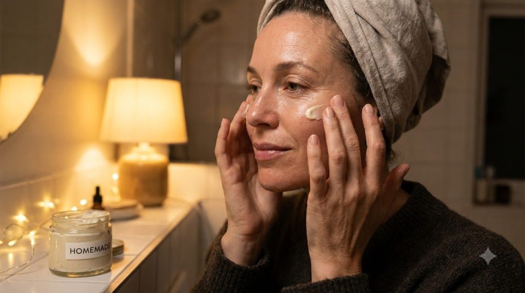 A close-up of a woman gently applying a homemade cream to her face at night showing soft glowing skin